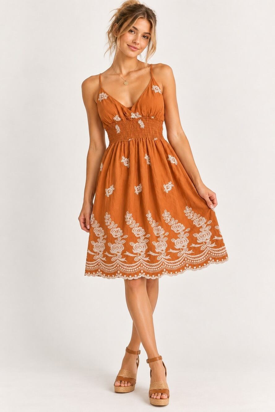 Y2K She's Cool Babydoll Dress Small Orange Embroidered Floral Boho Cottagecore